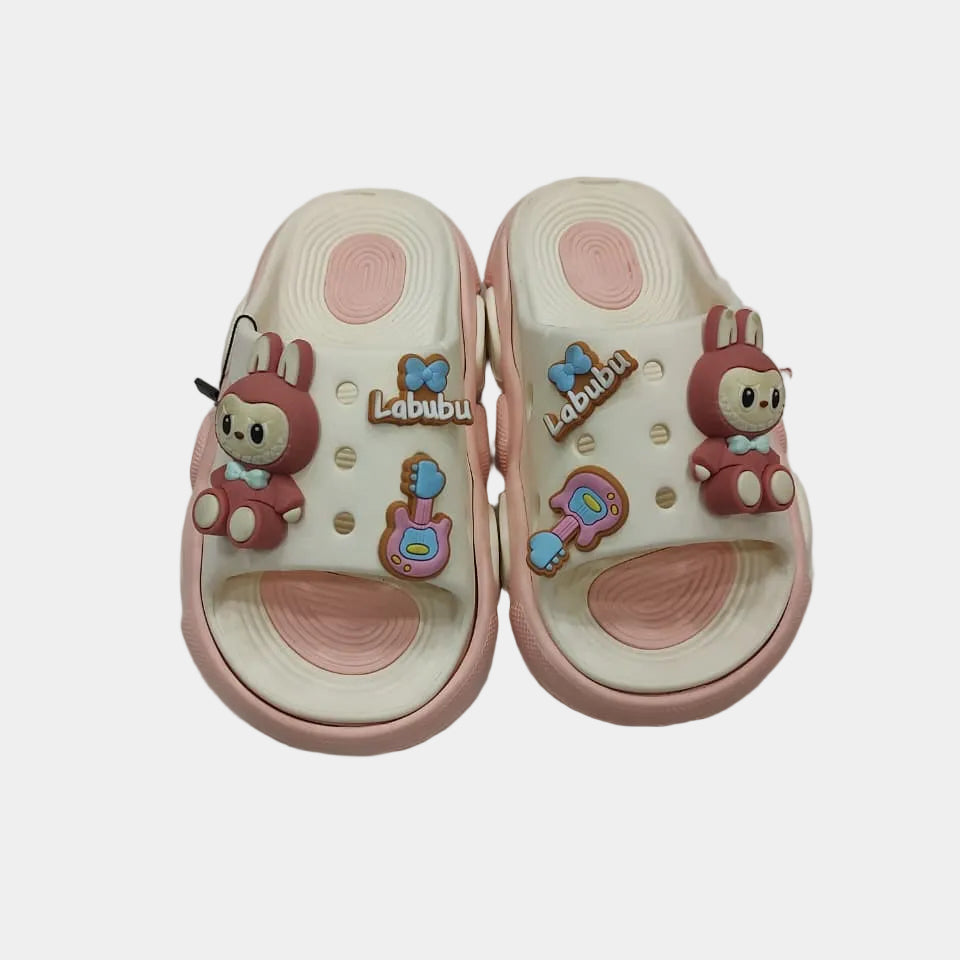 Pair of children's sandals with cartoon character design on a light gray background