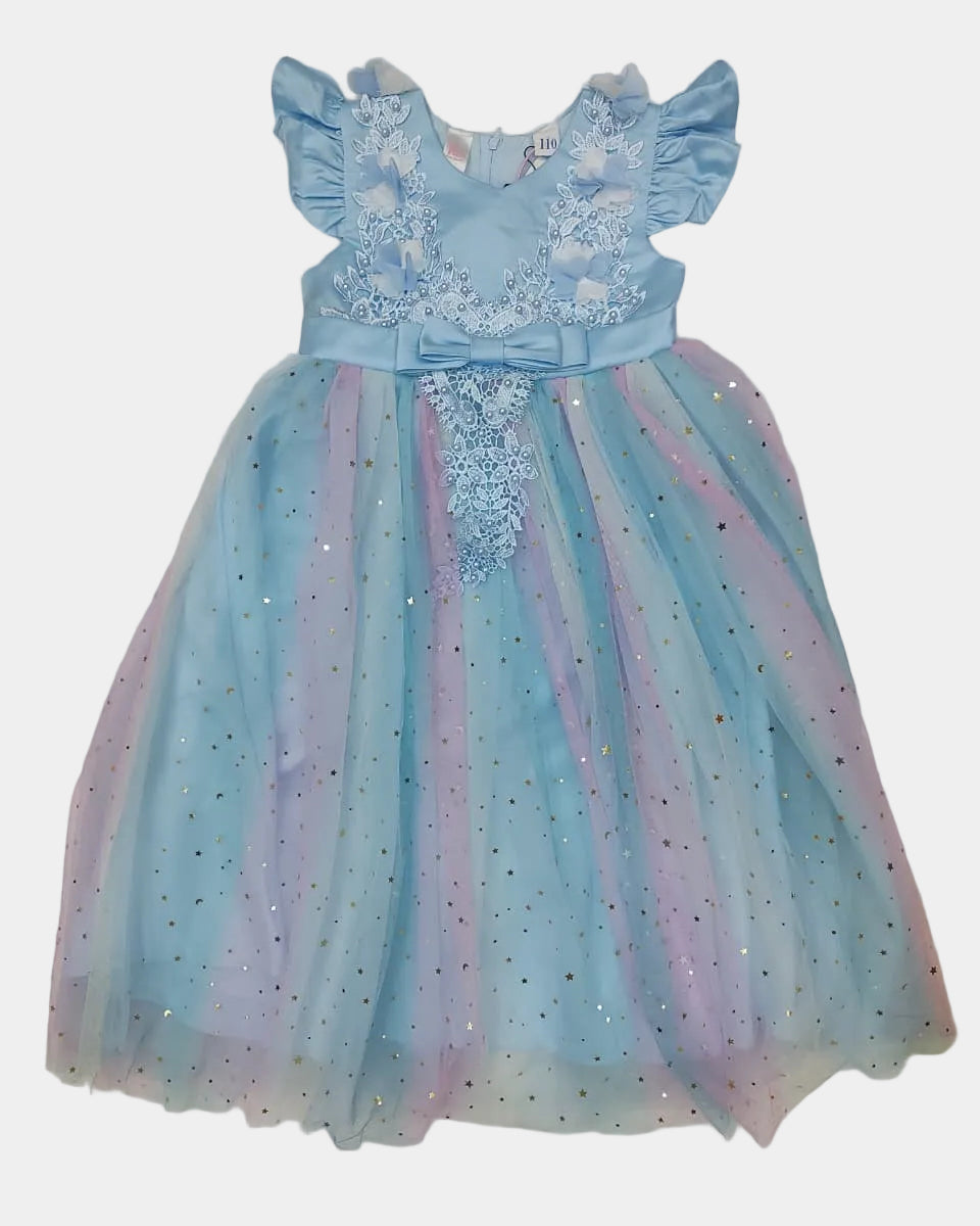 Children's dress with blue and pink tulle skirt on a white background