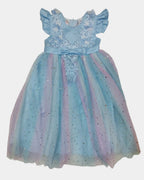 Children's dress with blue and pink tulle skirt on a white background