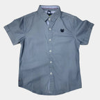 Gray short-sleeve shirt with a logo on a light gray background