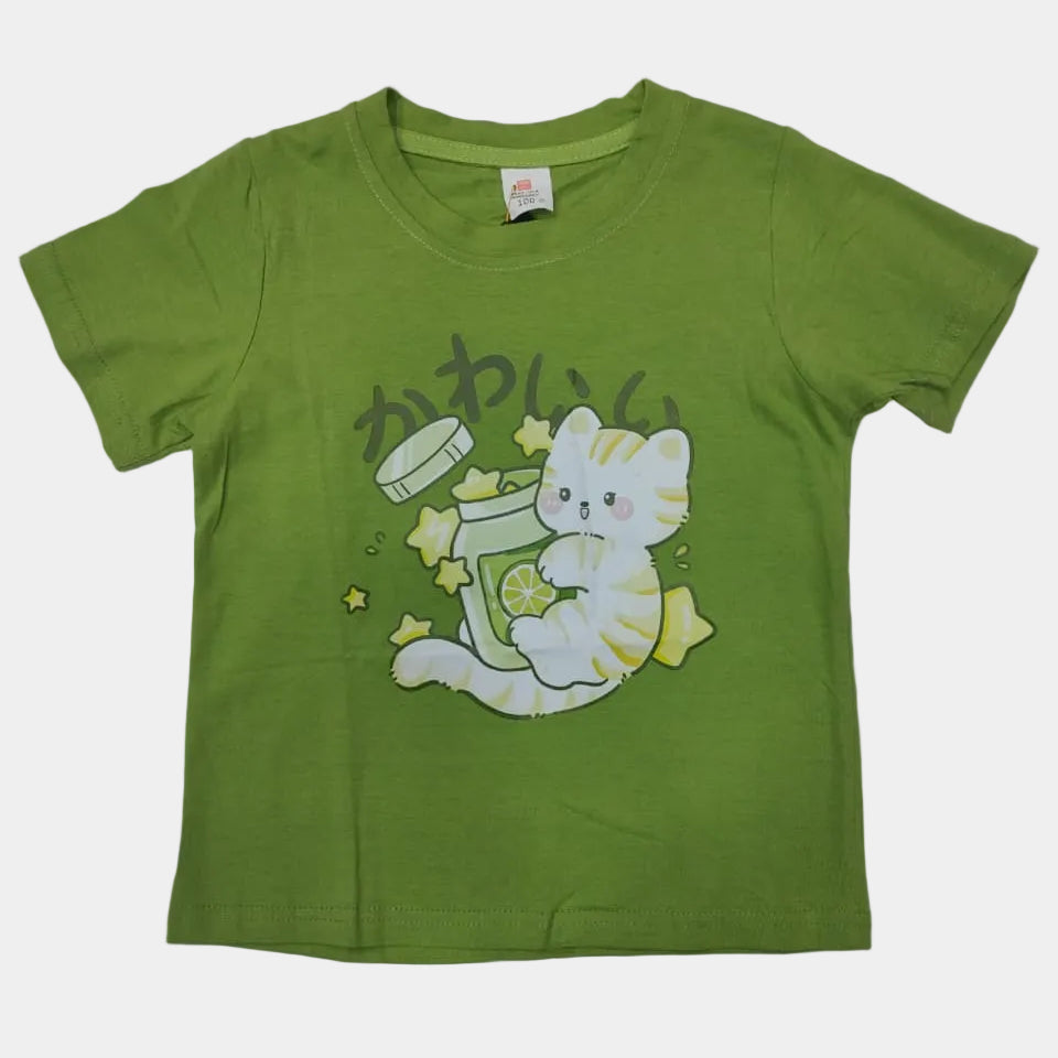 Green t-shirt with cartoon design on a white surface