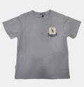 Gray t-shirt with a small logo on a light gray background