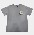 Gray t-shirt with a small logo on a light gray background