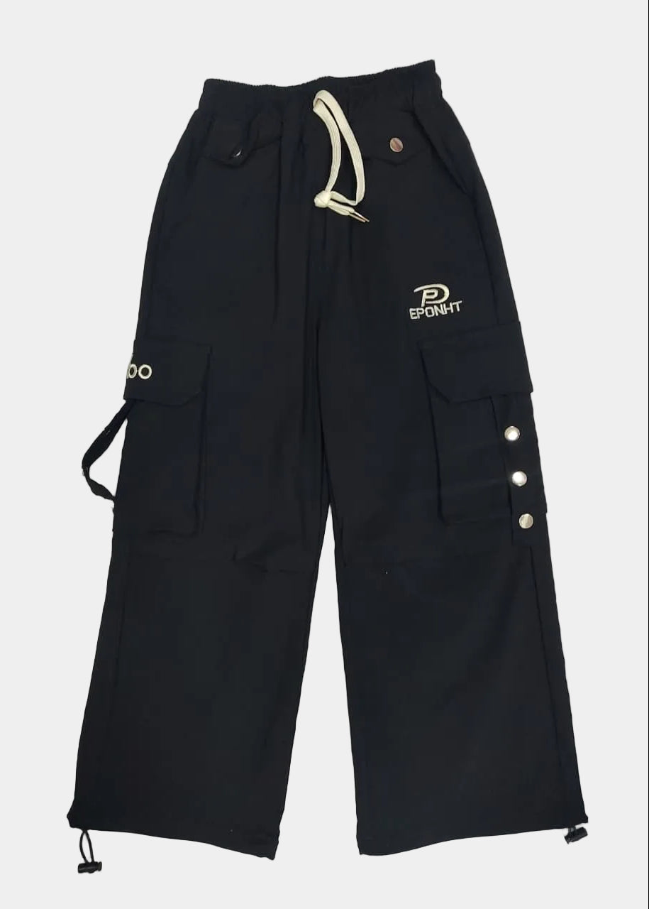 Black cargo pants with buttons and drawstring on a light gray background