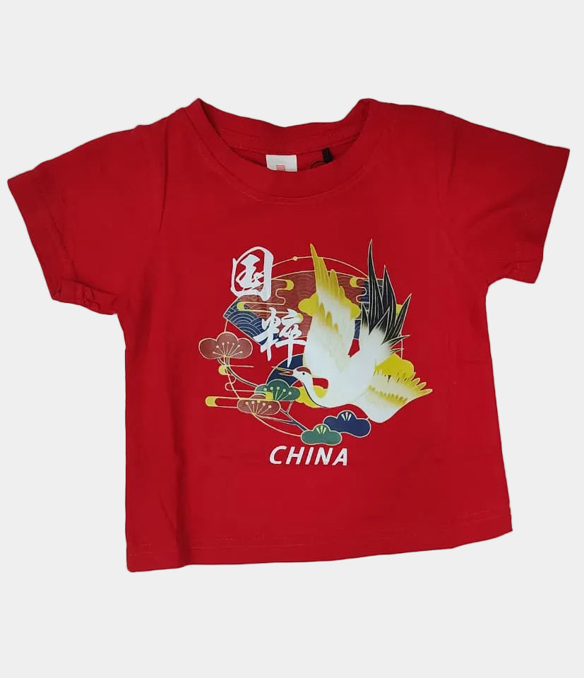 Red t-shirt with Chinese design and 'China' text on a white background