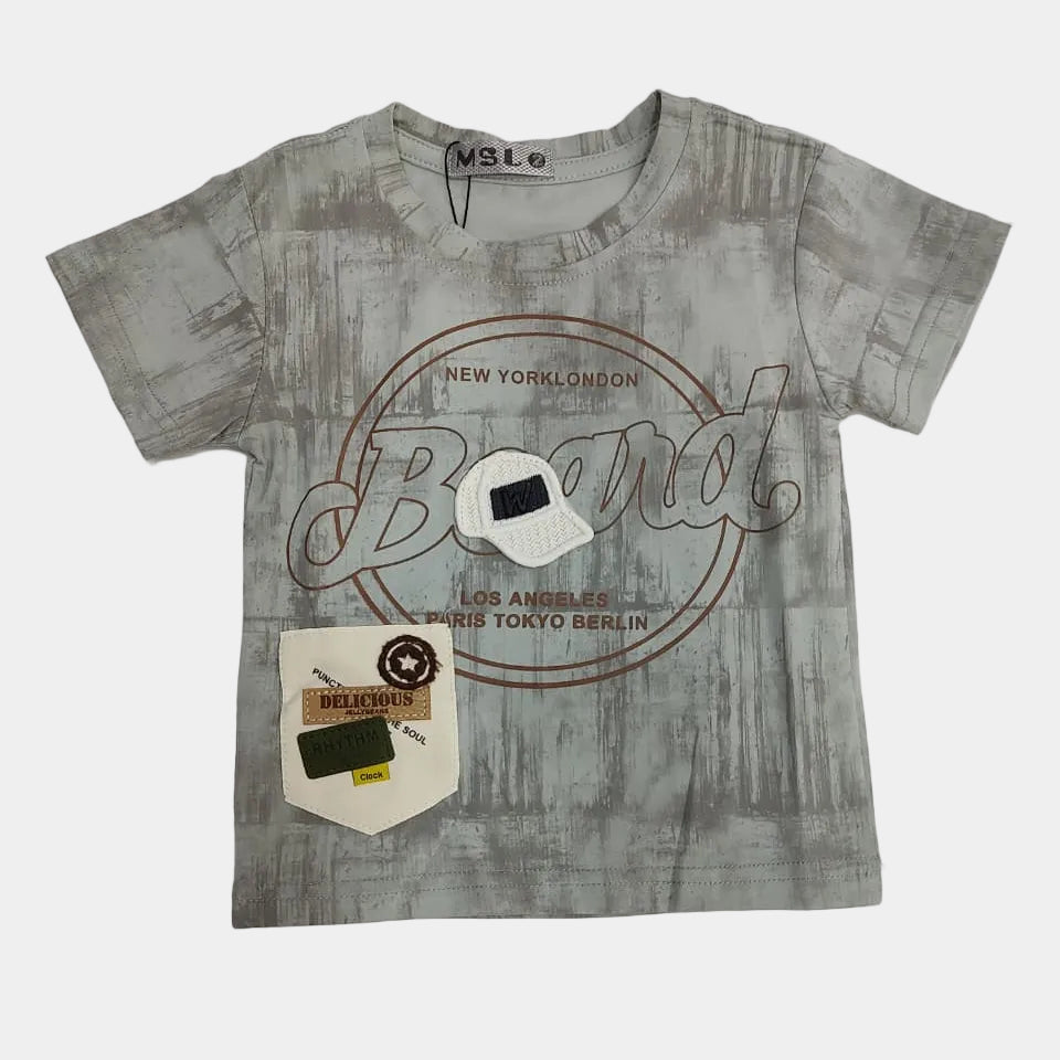 Gray t-shirt with branding on a light gray background
