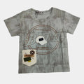 Gray t-shirt with branding on a light gray background