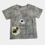 Gray t-shirt with branding on a light gray background