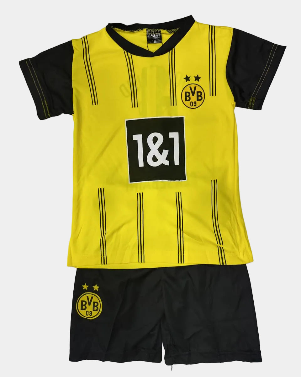 Yellow and black sports outfit with branding on a white background