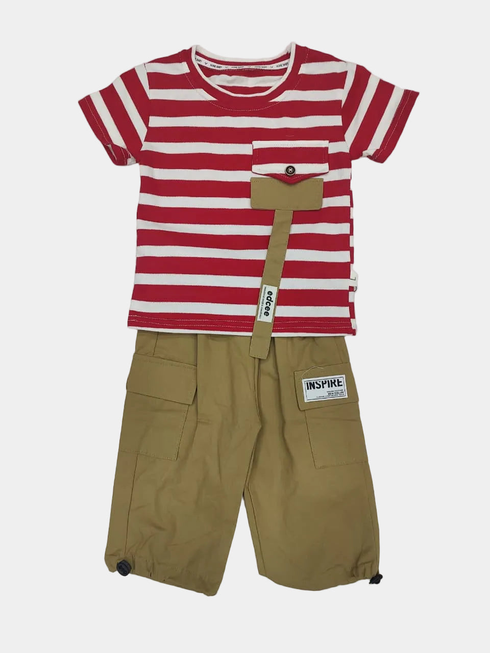 Red and white striped shirt with beige pants on a white background