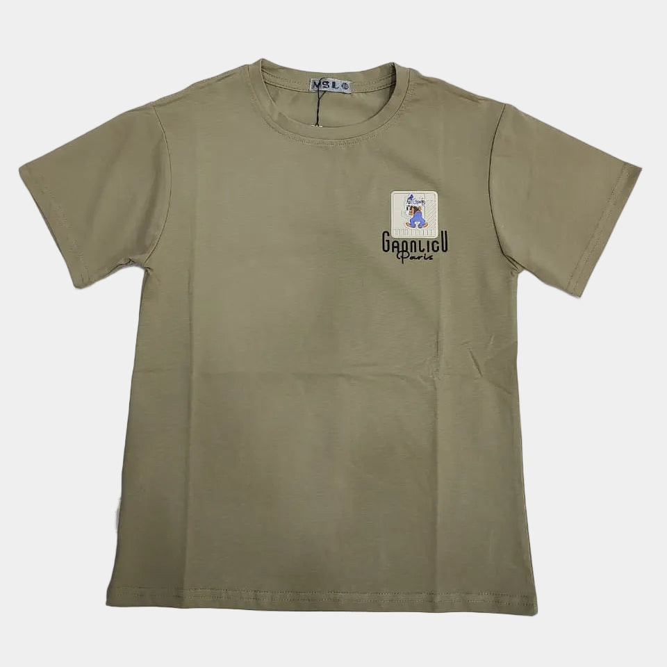Olive green t-shirt with a small graphic on a light gray background