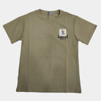 Olive green t-shirt with a small graphic on a light gray background