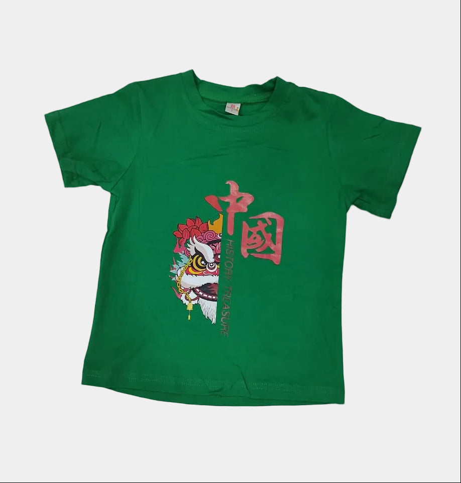 Green t-shirt with colorful graphic design on a white background