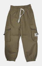 Beige cargo pants with multiple pockets and a drawstring on a white background