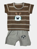 Two sleeveless shirts, one beige and one brown with white stripes, on a light gray background.