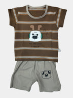 Two sleeveless shirts, one beige and one brown with white stripes, on a light gray background.