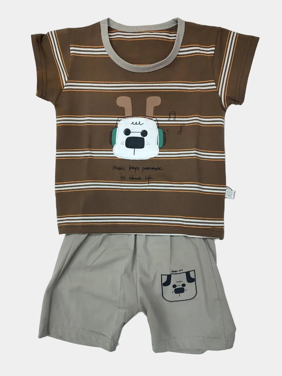 Two sleeveless shirts, one beige and one brown with white stripes, on a light gray background.