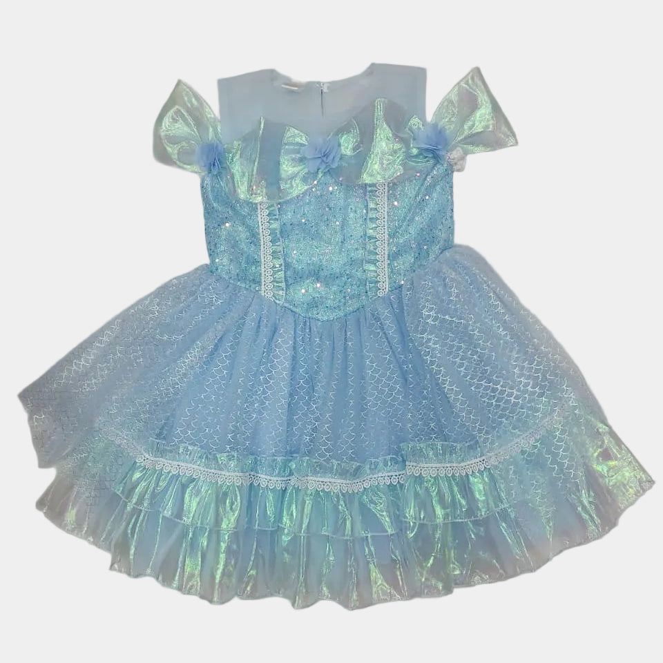 Iridescent blue dress with a bow on a white background