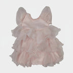 Pink ruffled dress on a white surface