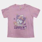 Pink t-shirt with cartoon character and text on a white background
