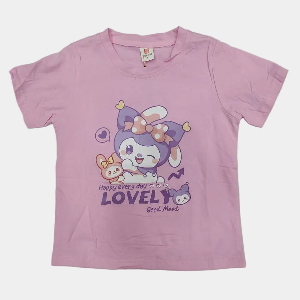 Pink t-shirt with cartoon character and text on a white background