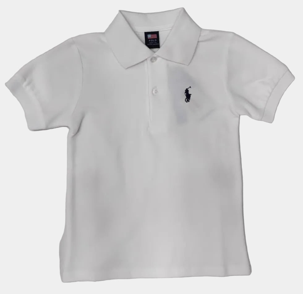 White polo shirt with a small logo on a light gray background