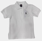 White polo shirt with a small logo on a light gray background