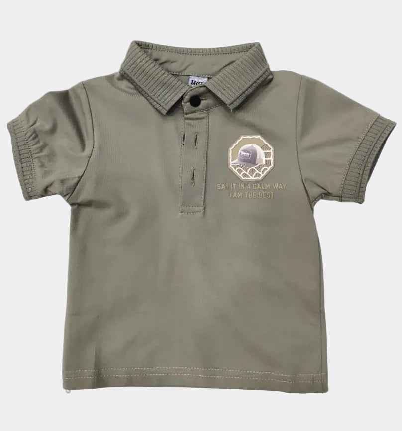 Green polo shirt with a logo on a white background