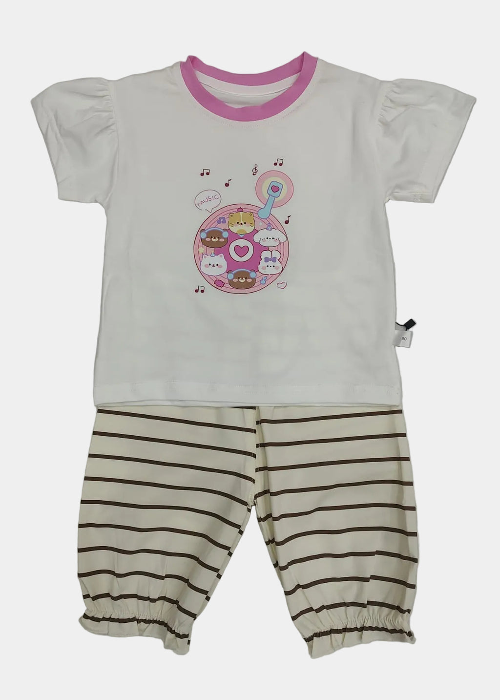 Children's outfit with a white shirt and striped pants on a light gray background