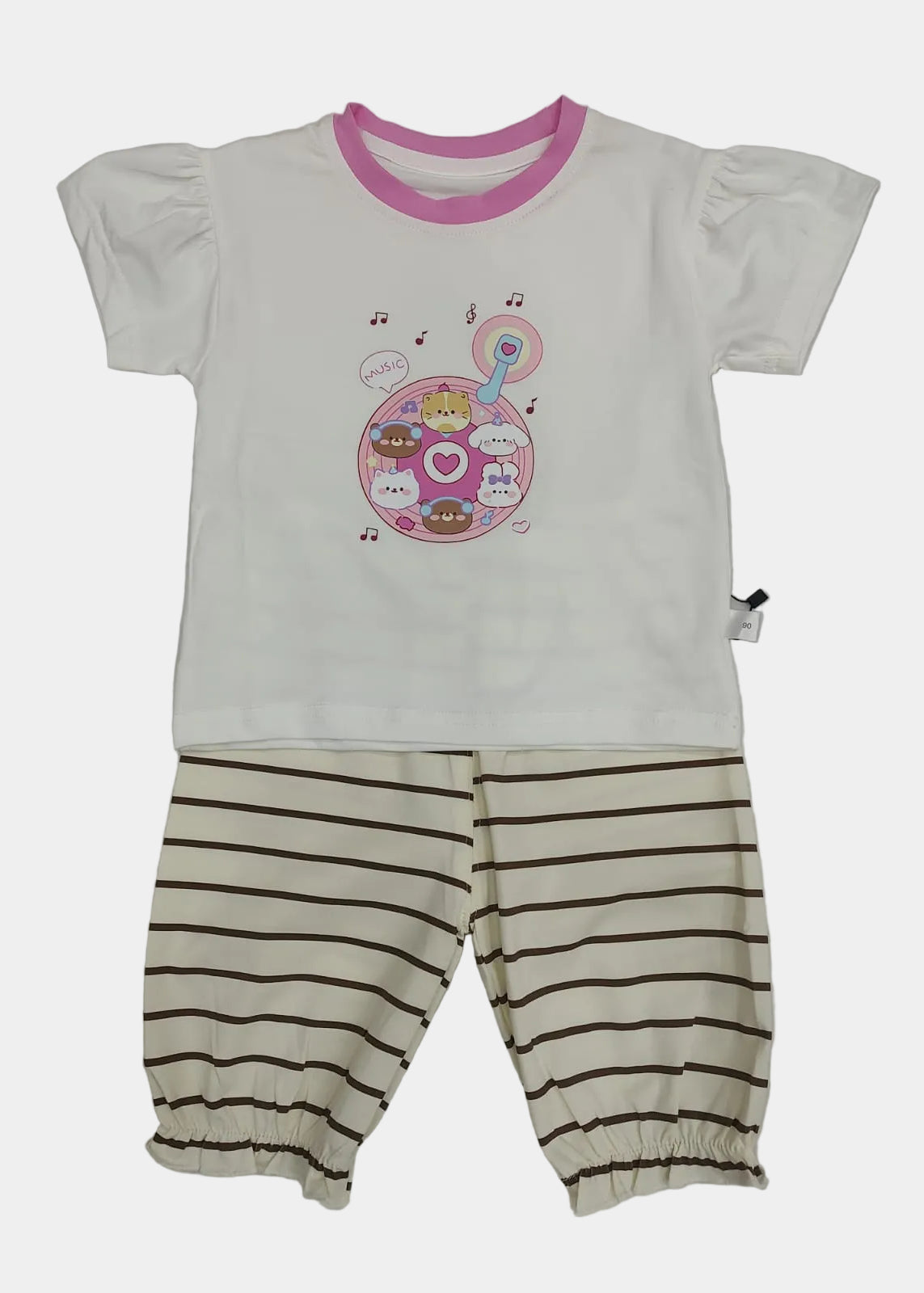 Children's outfit with a white shirt and striped pants on a light gray background