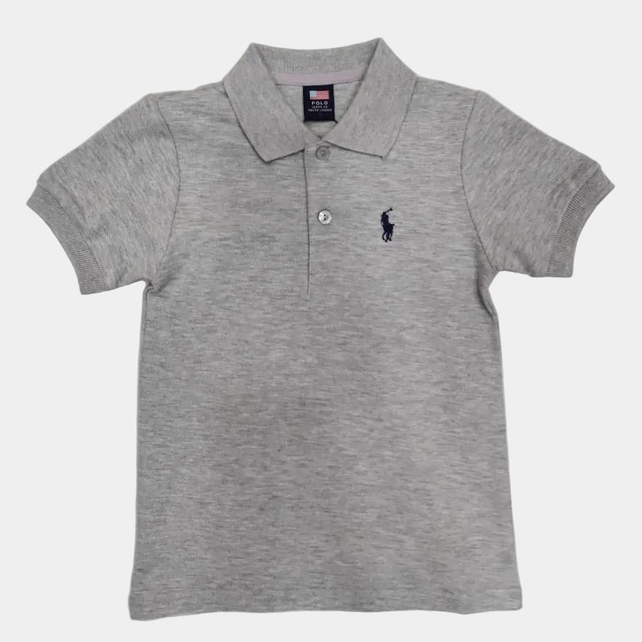 Gray polo shirt with a small logo on a white background