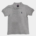 Gray polo shirt with a small logo on a white background