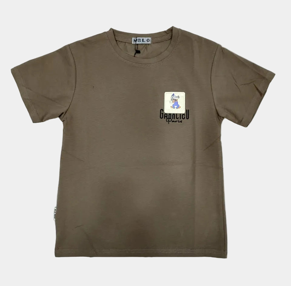 Brown t-shirt with a logo on a white background