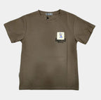 Brown t-shirt with a logo on a white background