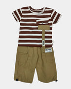 Striped shirt and beige pants set on a light gray background