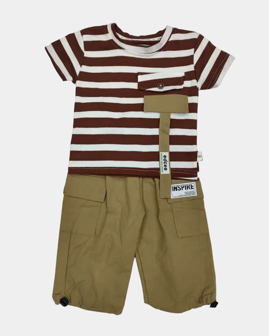 Striped shirt and beige pants set on a light gray background