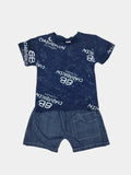 Children's blue t-shirt and denim shorts set on a light gray background
