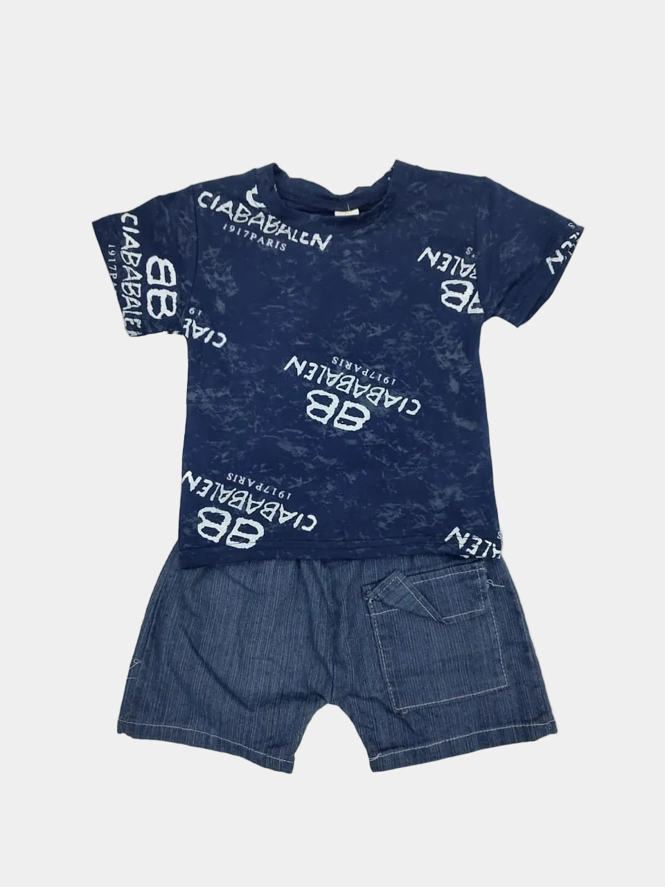 Children's blue t-shirt and denim shorts set on a light gray background