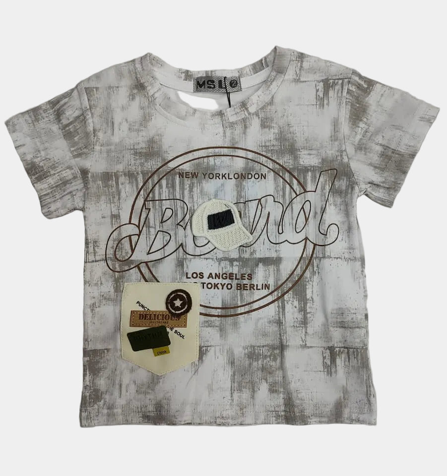 Gray t-shirt with branding on a light gray background