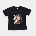 Black t-shirt with colorful graphic design on a white background