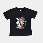 Black t-shirt with colorful graphic design on a white background