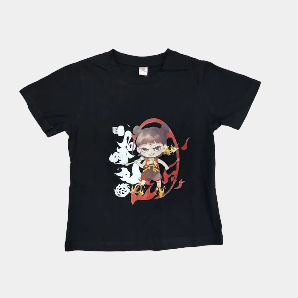 Black t-shirt with colorful graphic design on a white background
