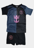 Black and blue sports outfit with pink logo on a light gray background