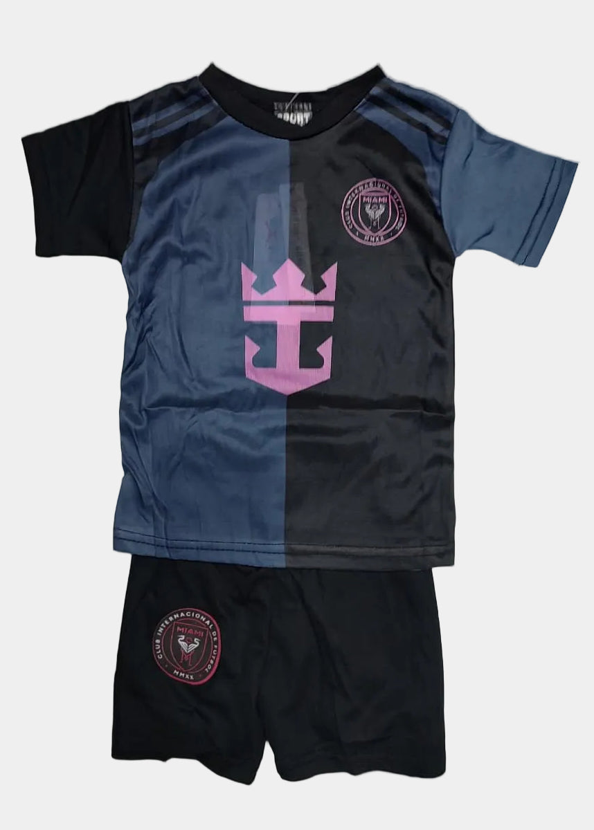 Black and blue sports outfit with pink logo on a light gray background