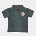 Green polo shirt with text and logo on a white surface