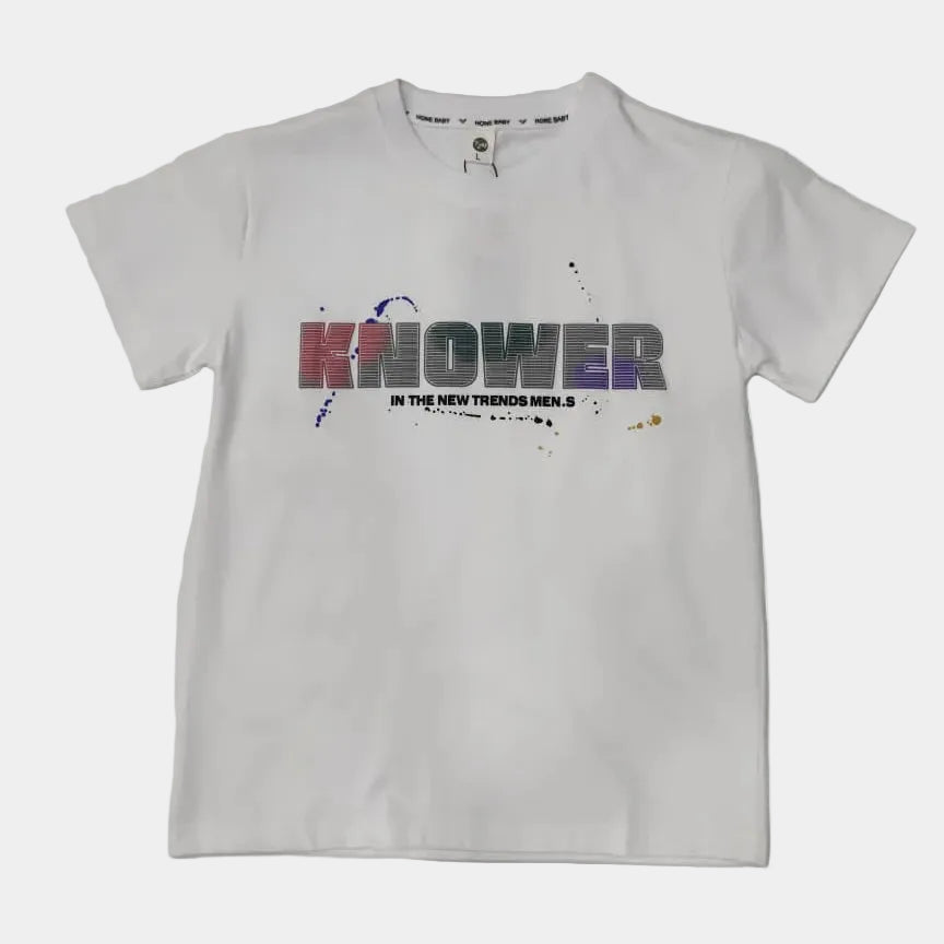White t-shirt with colorful text on a white background