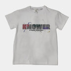 White t-shirt with colorful text on a white background