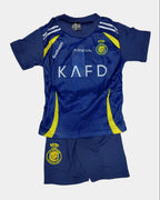 Blue sports jersey and shorts set with visible branding on a white background