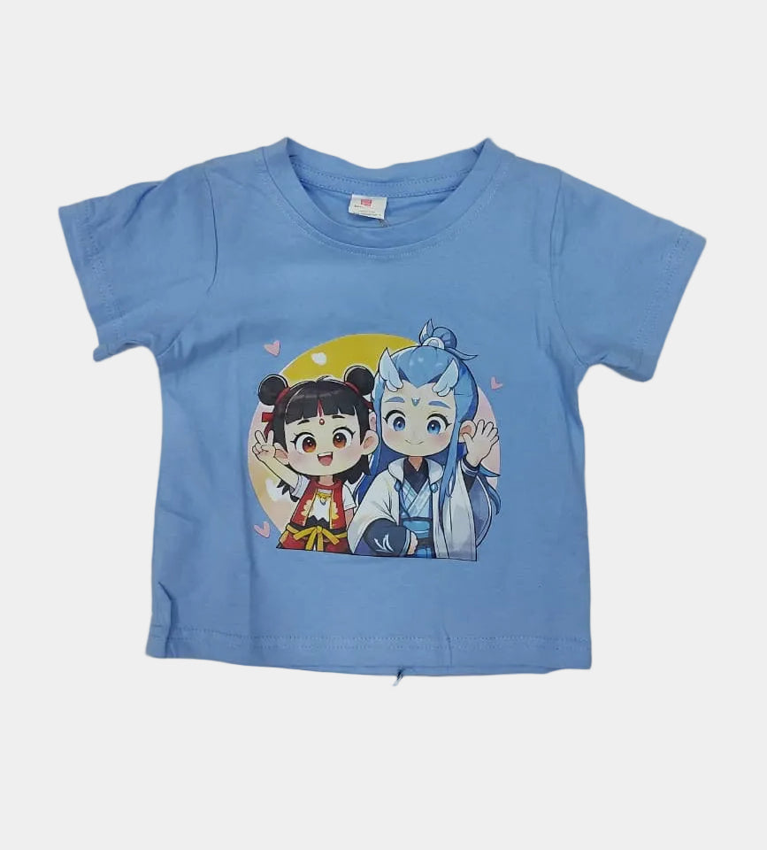 Blue children's t-shirt with cartoon characters on a white background