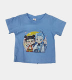 Blue children's t-shirt with cartoon characters on a white background